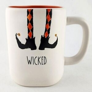 Rae Dunn White Mug Black Large Letters  WICKED Raised Orange Black Witchy Legs